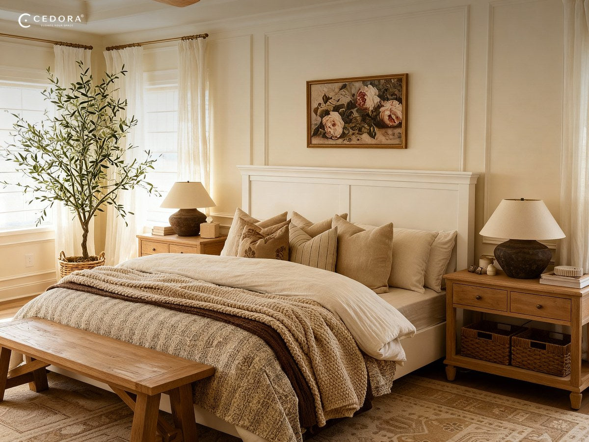 Queen bed with layered neutral bedding between two timber bedside tables in a bright bedroom with a ceiling fan