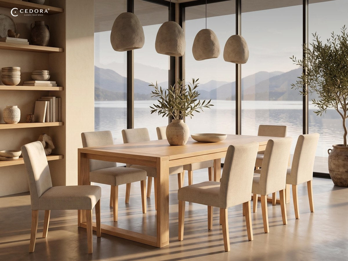 Long natural timber dining table with upholstered chairs in a light room overlooking water
