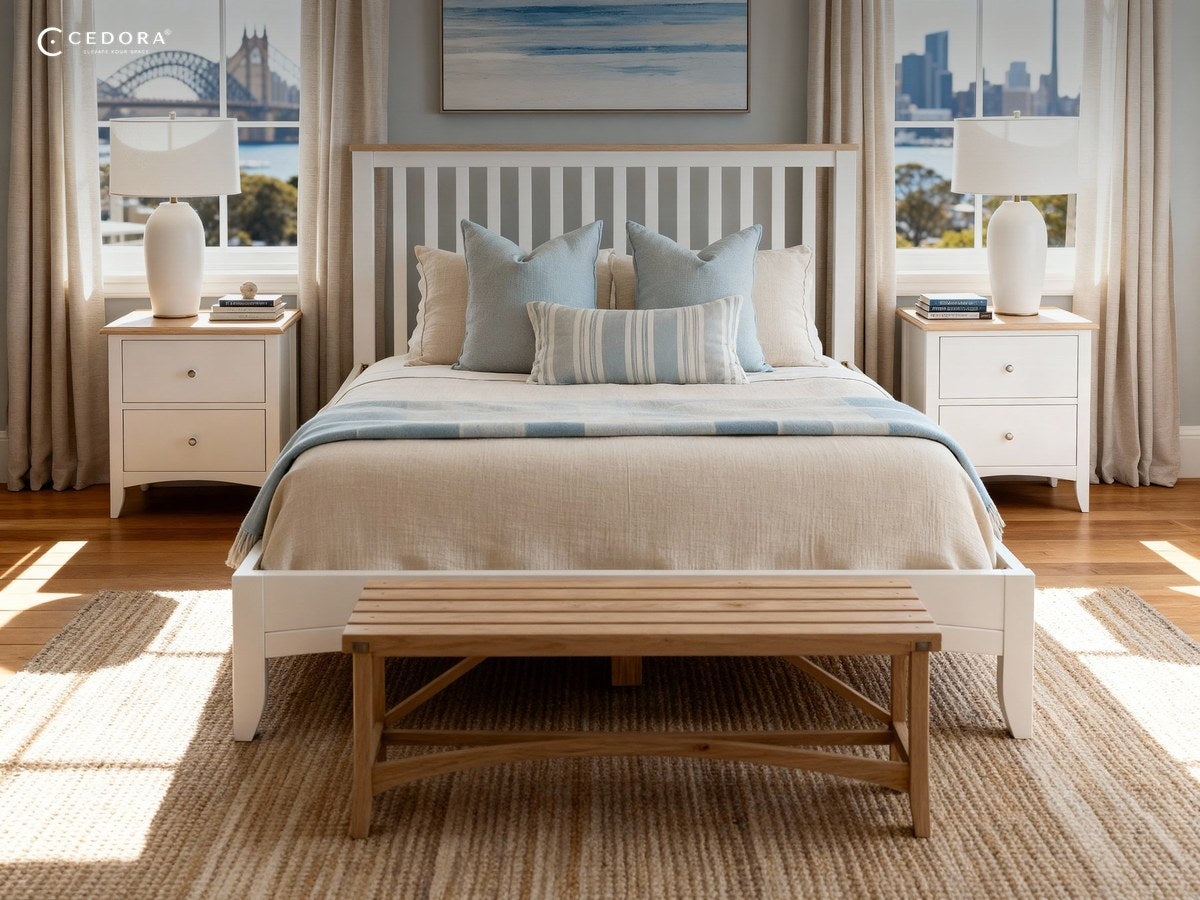 Bristol queen bed frame with a slatted white headboard and oak topped bedsides in a bedroom facing Sydney Harbour