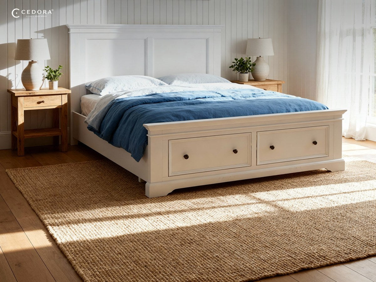 London bed frame with two footboard drawers made up in blue linen against white panelling below framed ocean prints