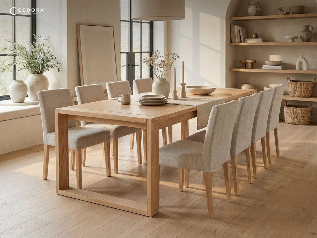 Richmond dining table 240cm in natural timber set for eight in a beamed dining room