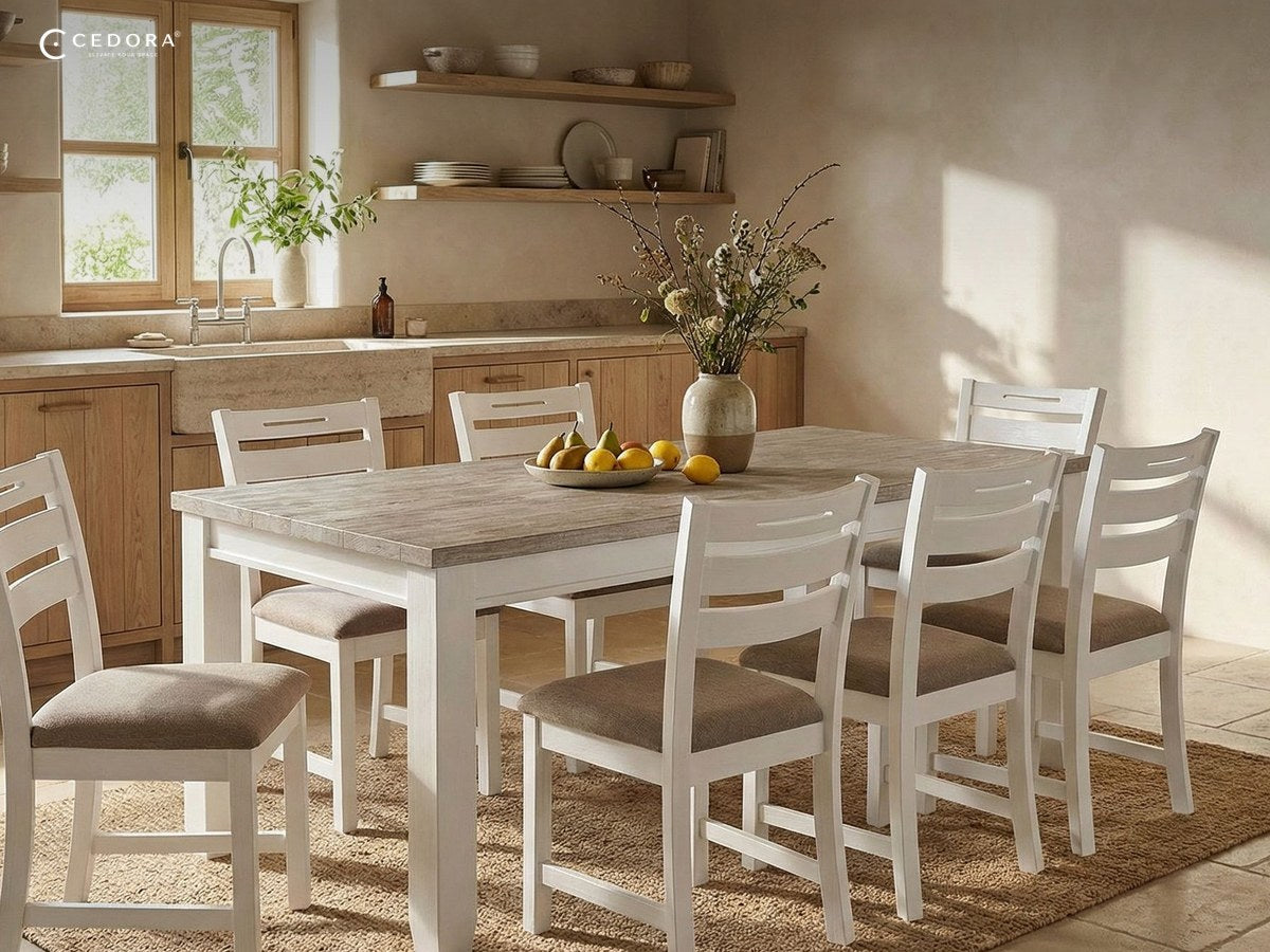 White dining table with a pale timber top and six matching chairs in a bright country kitchen