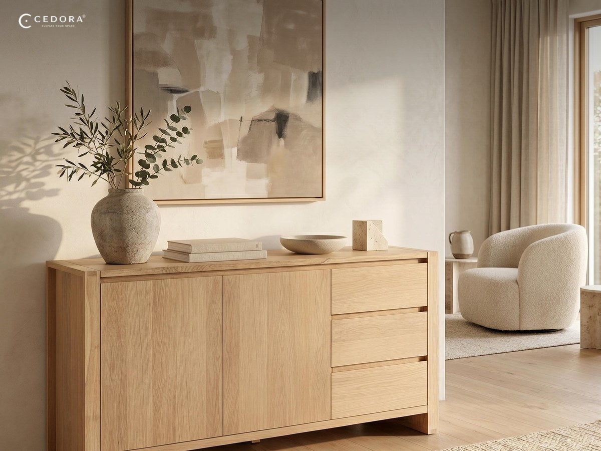 Low natural timber credenza with doors and drawers under a framed artwork in a calm living space