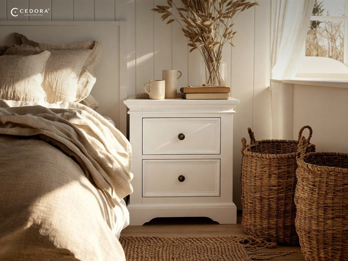 Two drawer bedside table in white beside a made bed with a lamp and a book on the top, in a calm bedroom