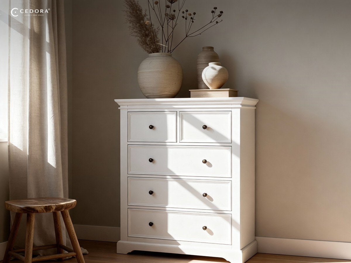 White five drawer tallboy styled with two ceramic vases and dried stems against a grey bedroom wall