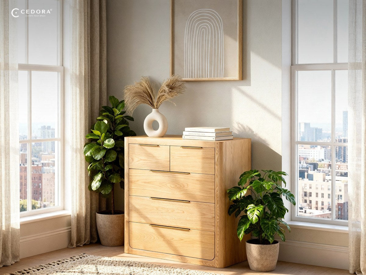 Natural oak five drawer chest in a corner between two windows with plants and a framed print above