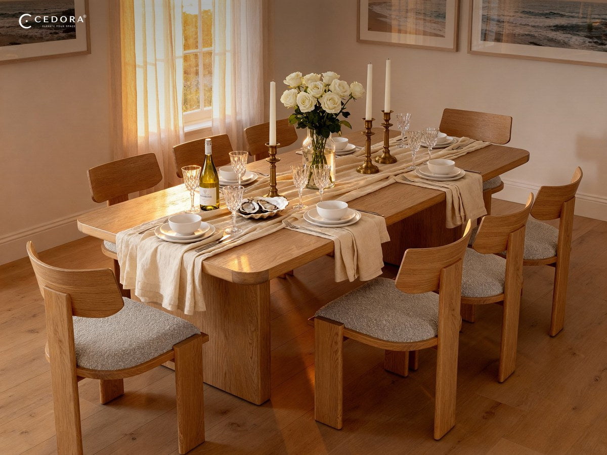 Natural timber dining table set with candles and glassware in a warm room with framed art on the walls