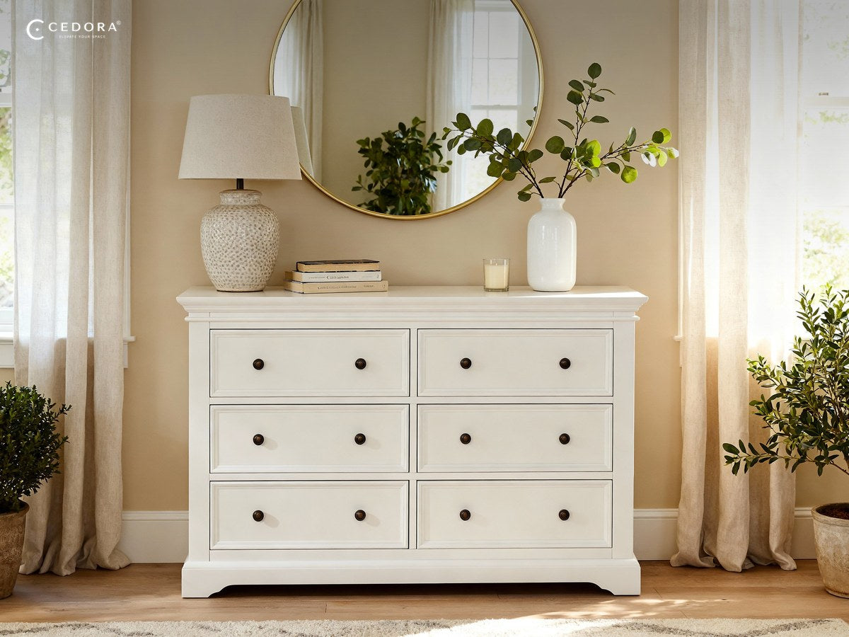 White six drawer chest with a lamp and books on top in a bright bedroom with a window seat