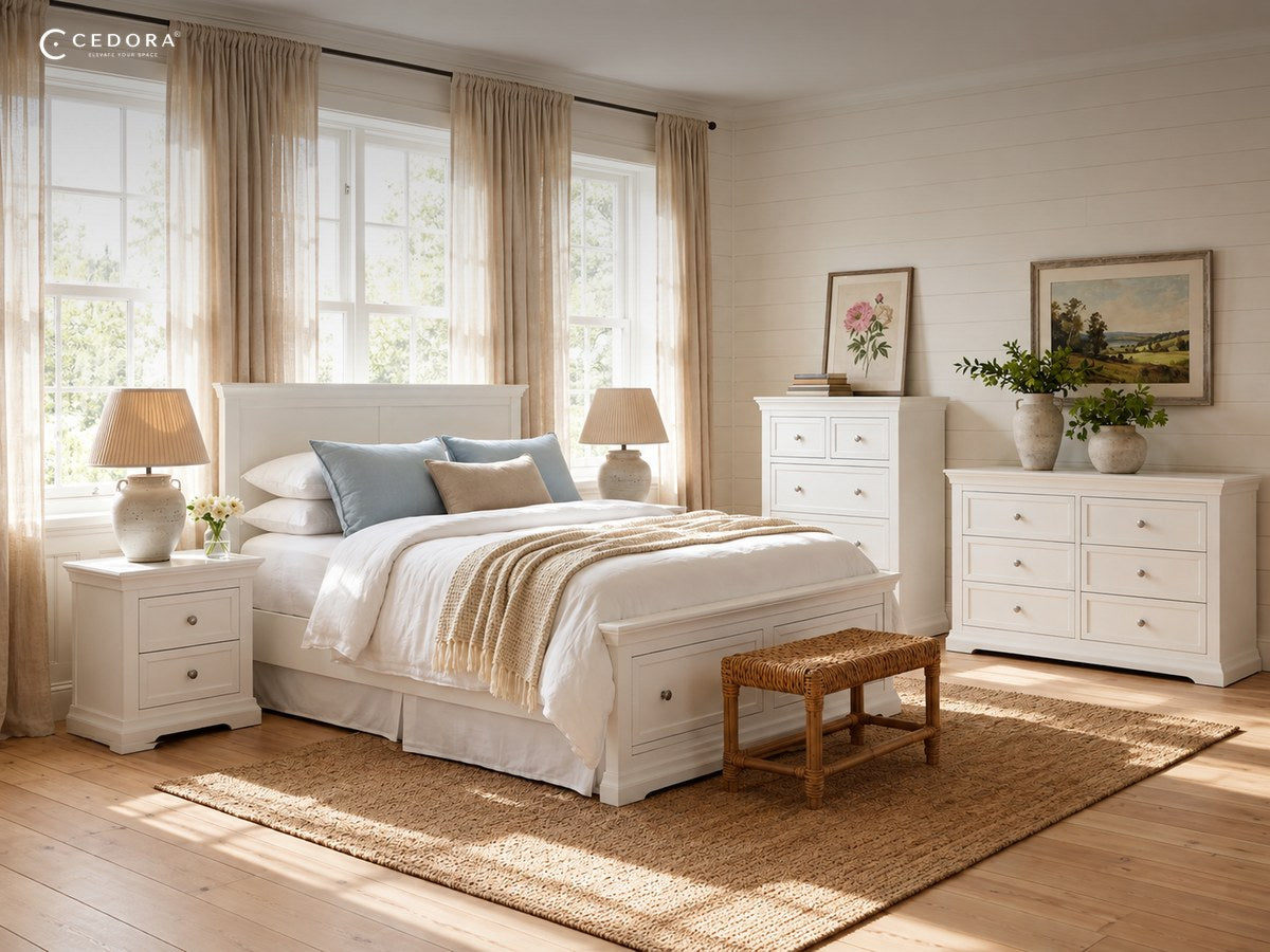 Manchester bedroom in white with a bed with two footboard drawers, a two drawer bedside table, a five drawer tallboy and a six drawer chest on a jute rug