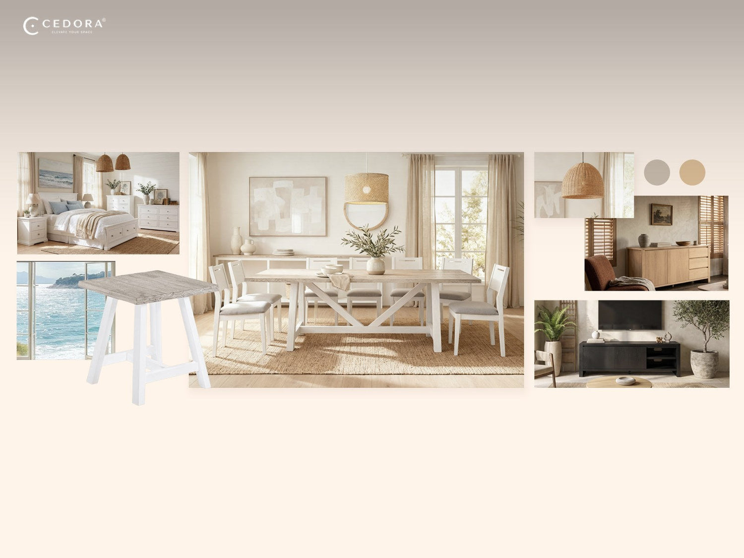 Three ways to style one dining room - modern coastal, modern Scandinavian and classic Hamptons shown side by side