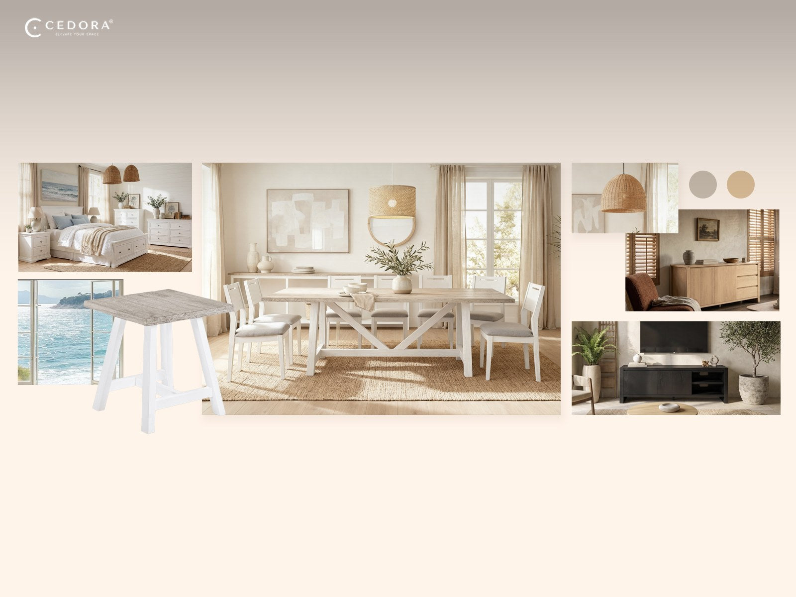 Three ways to style one dining room - modern coastal, modern Scandinavian and classic Hamptons shown side by side