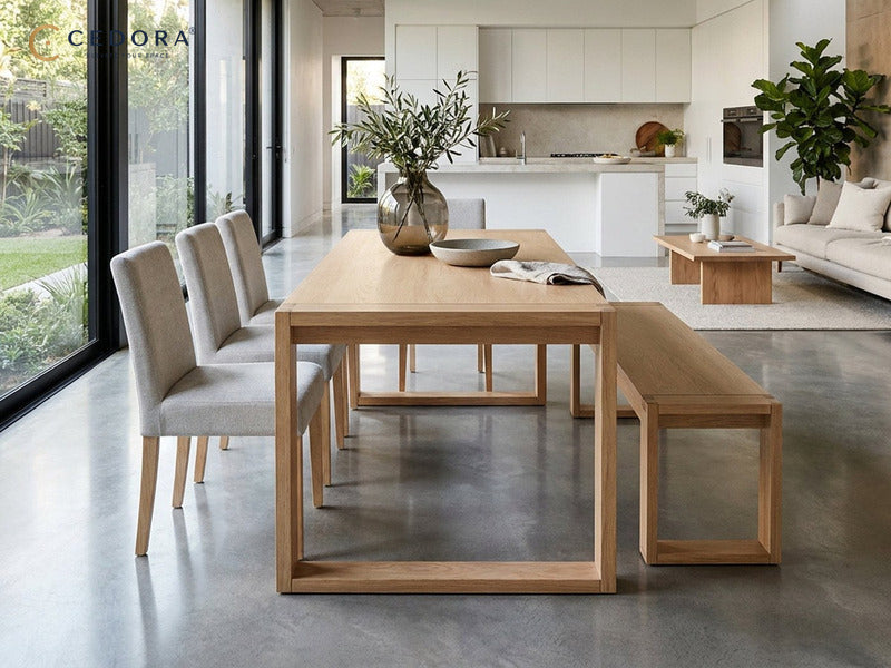 Richmond dining table in pale timber with a matching bench and upholstered chairs in an open plan room with concrete floors