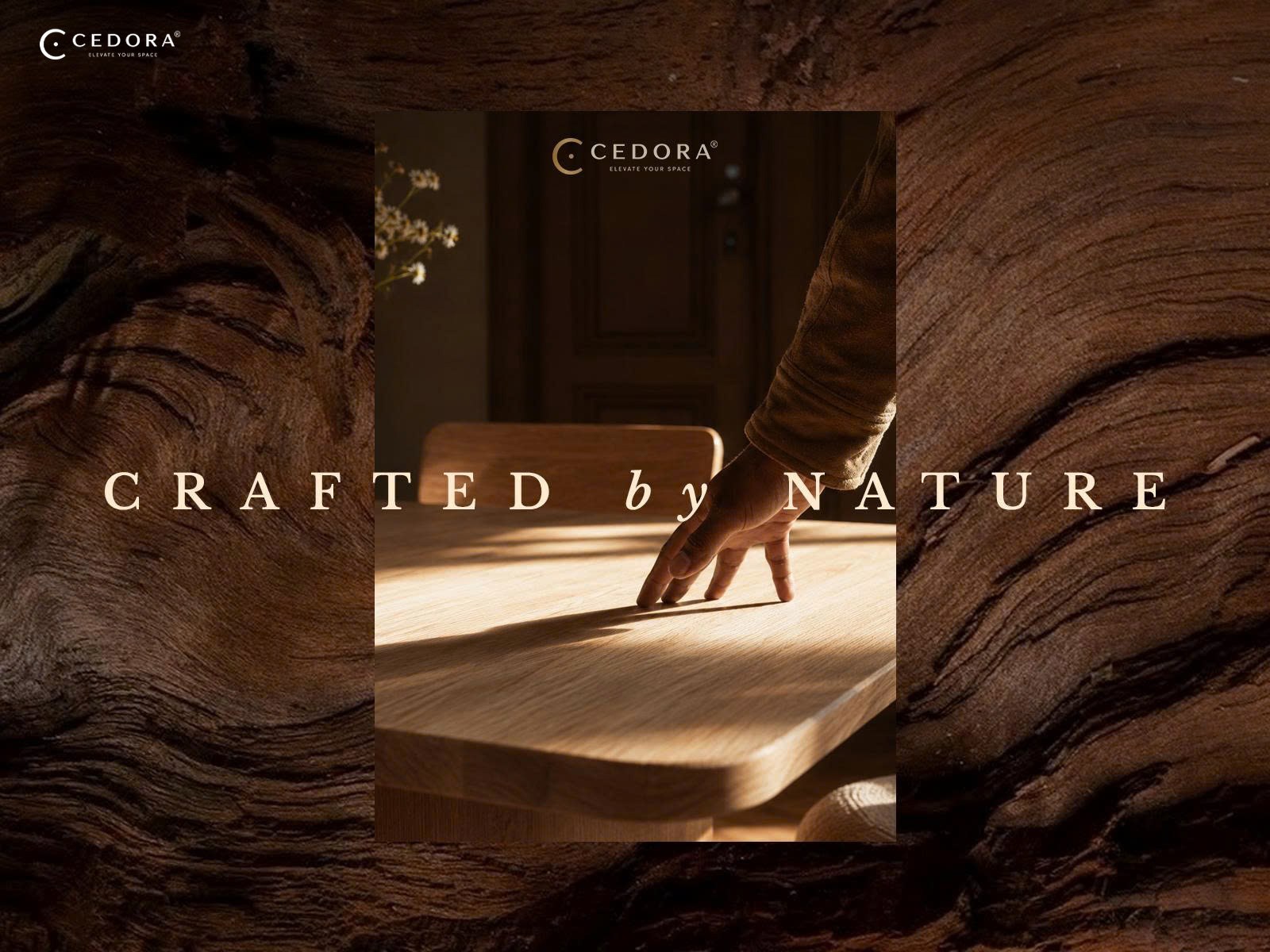 Crafted by Nature - a hand resting on a sunlit timber tabletop, framed by close-up timber grain
