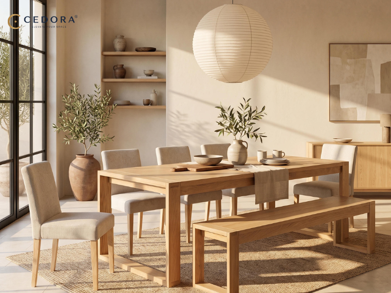 Pale timber dining table with an open frame base, upholstered chairs and a matching bench, set under a paper lantern pendant