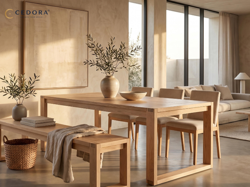 Pale timber dining table with a bench along one side and upholstered chairs, in a rendered room with concrete floors and morning light