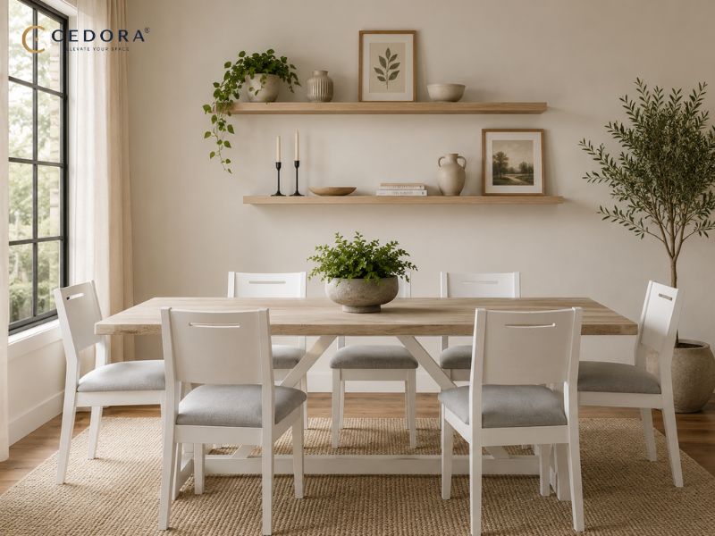 One dining room styled three ways in coastal, Scandinavian and Hamptons looks