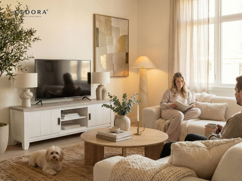 Byron two door TV unit with a pale acacia top and white frame in a relaxed living room with natural light