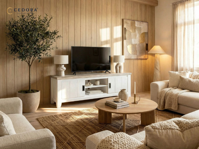 Timber TV unit sized wider than the television in an Australian living room