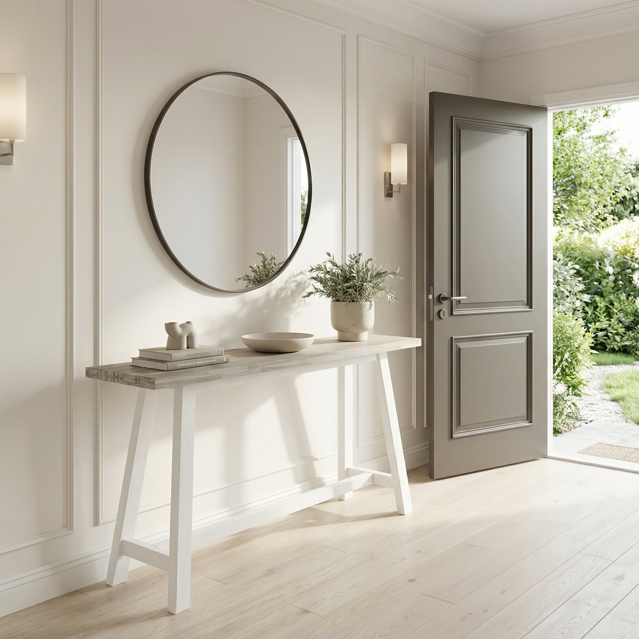 Modern interior with a round mirror, console table, and open door leading to a garden.

