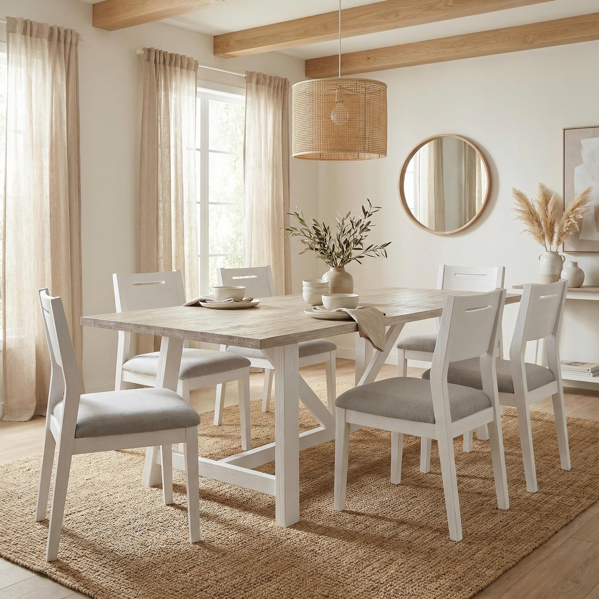 Dining room with wooden table and chairs on a beige rug


