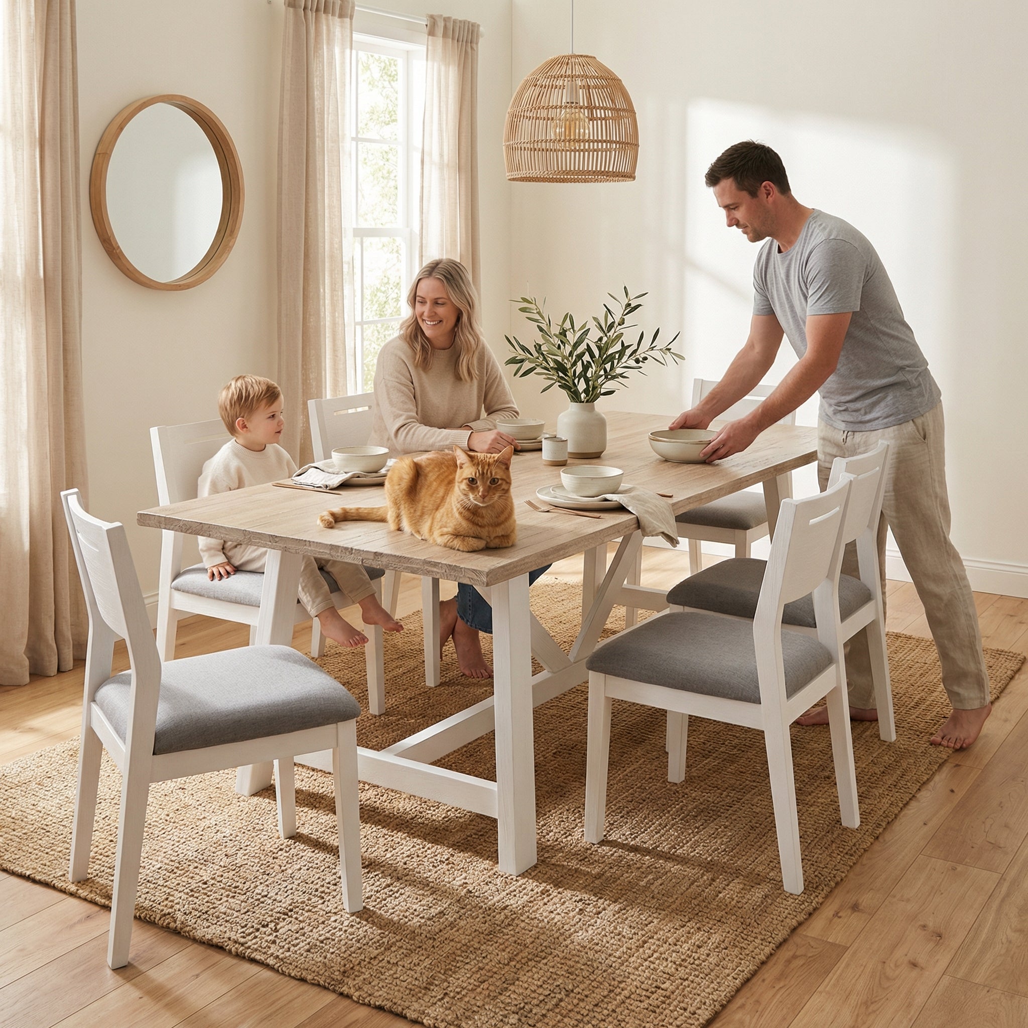 Family of three with a cat at a dining table in a bright, well-lit room.

