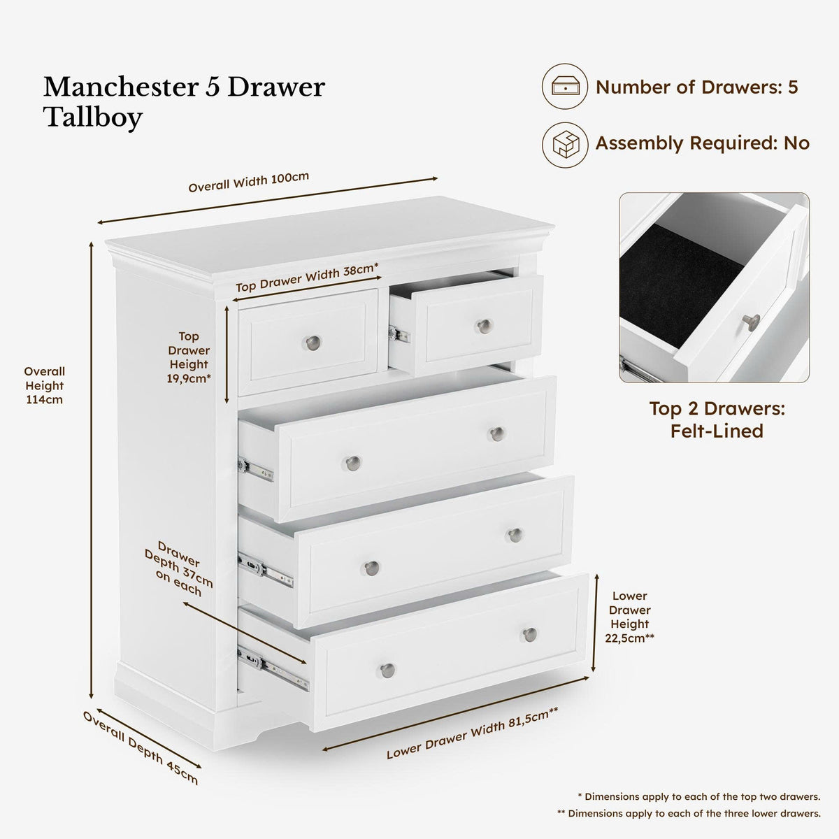 Manchester Pine 5 Drawer Tallboy dimensions