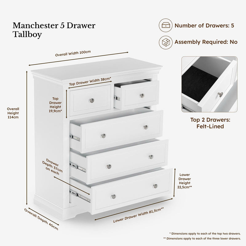 Manchester Pine 5 Drawer Tallboy dimensions