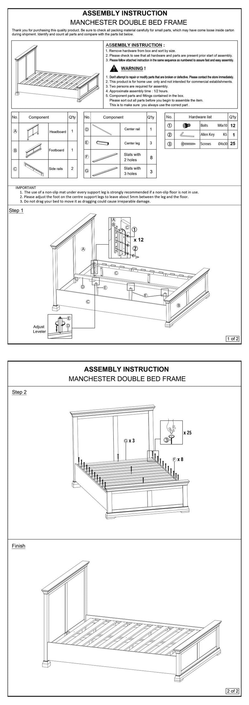 Assembly instruction for Manchester double bed frame with step-by-step diagrams.

