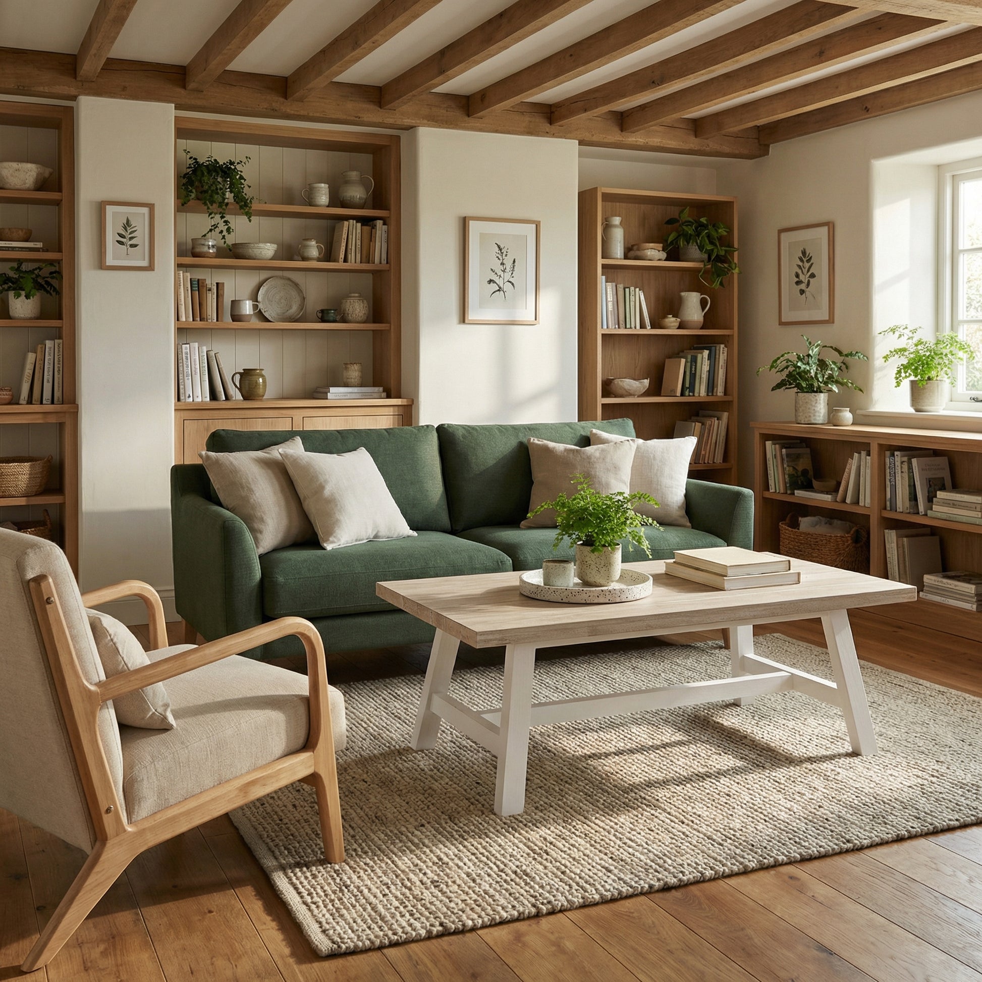 Nestled in a cozy living room with wooden beams, a green sofa is surrounded by books and decor.

