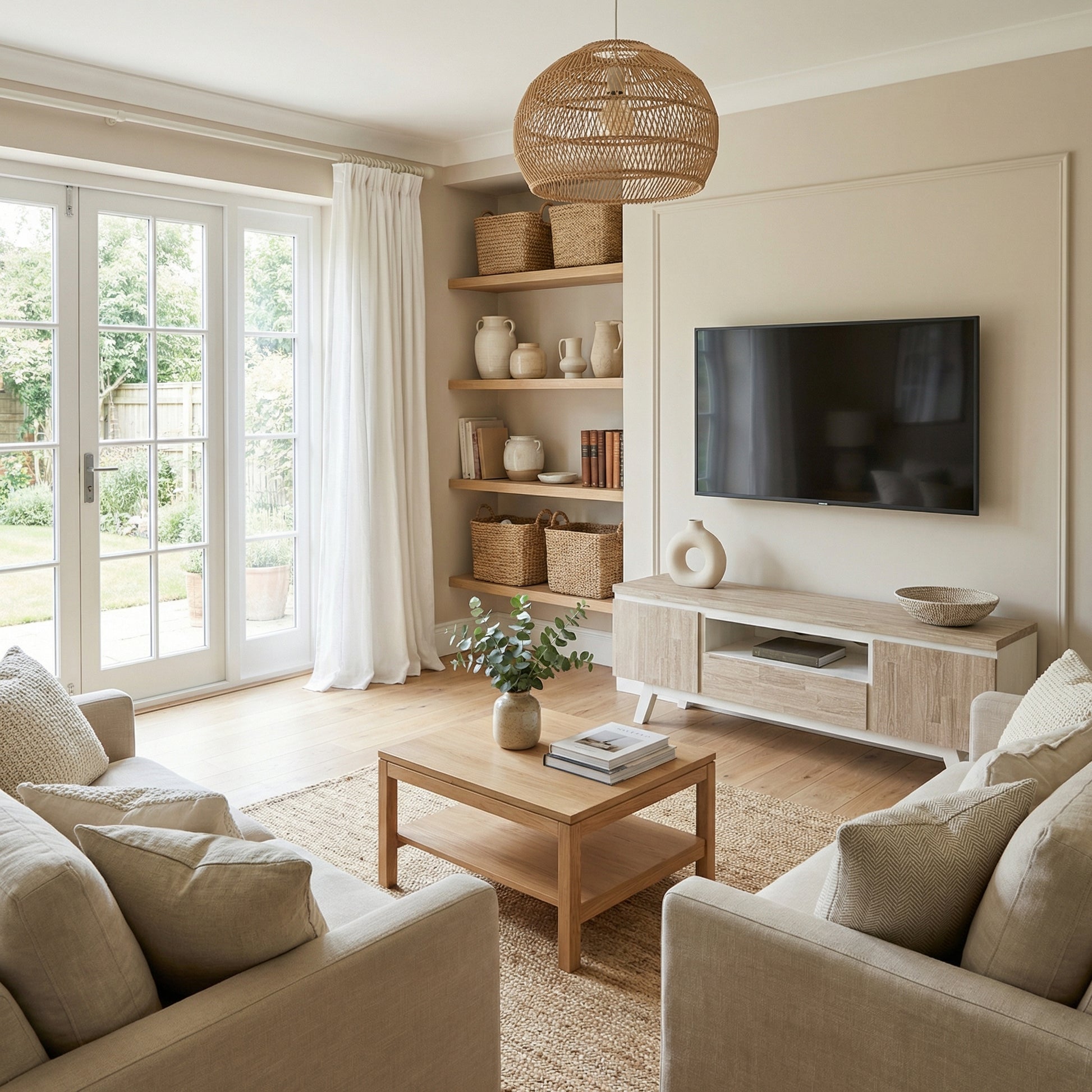 Modern living room with beige sofas, wooden coffee table, and shelves.

