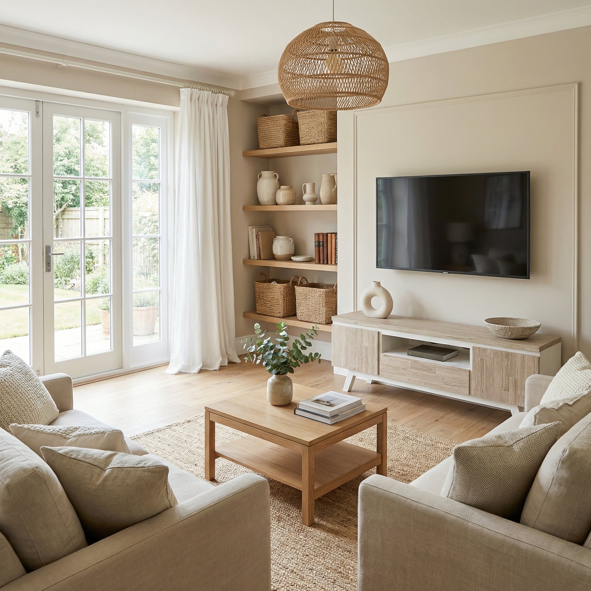 Modern living room with beige sofas, wooden coffee table, and shelves.

