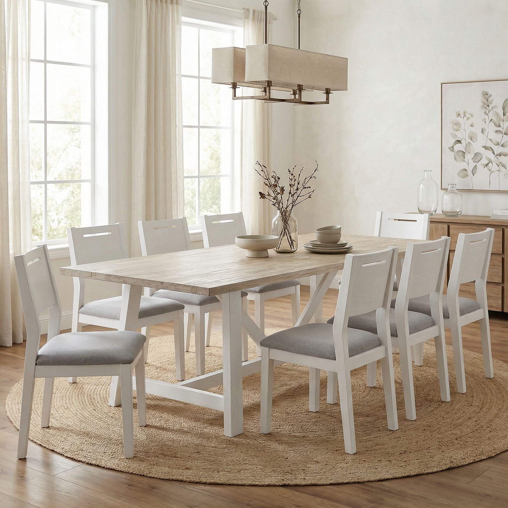 Dining room with a wooden table and chairs on a round jute rug.


