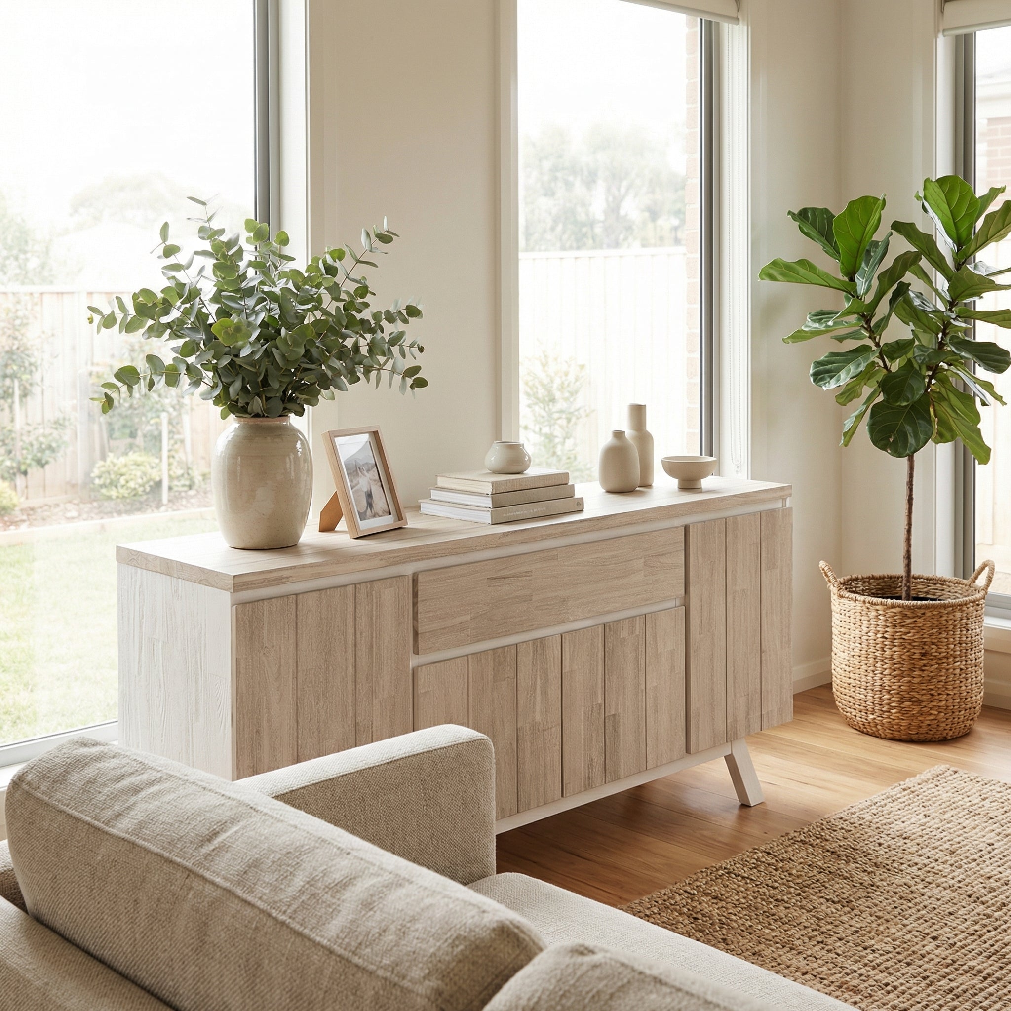 Light wood sideboard with decorative items in a bright room with large windows.

