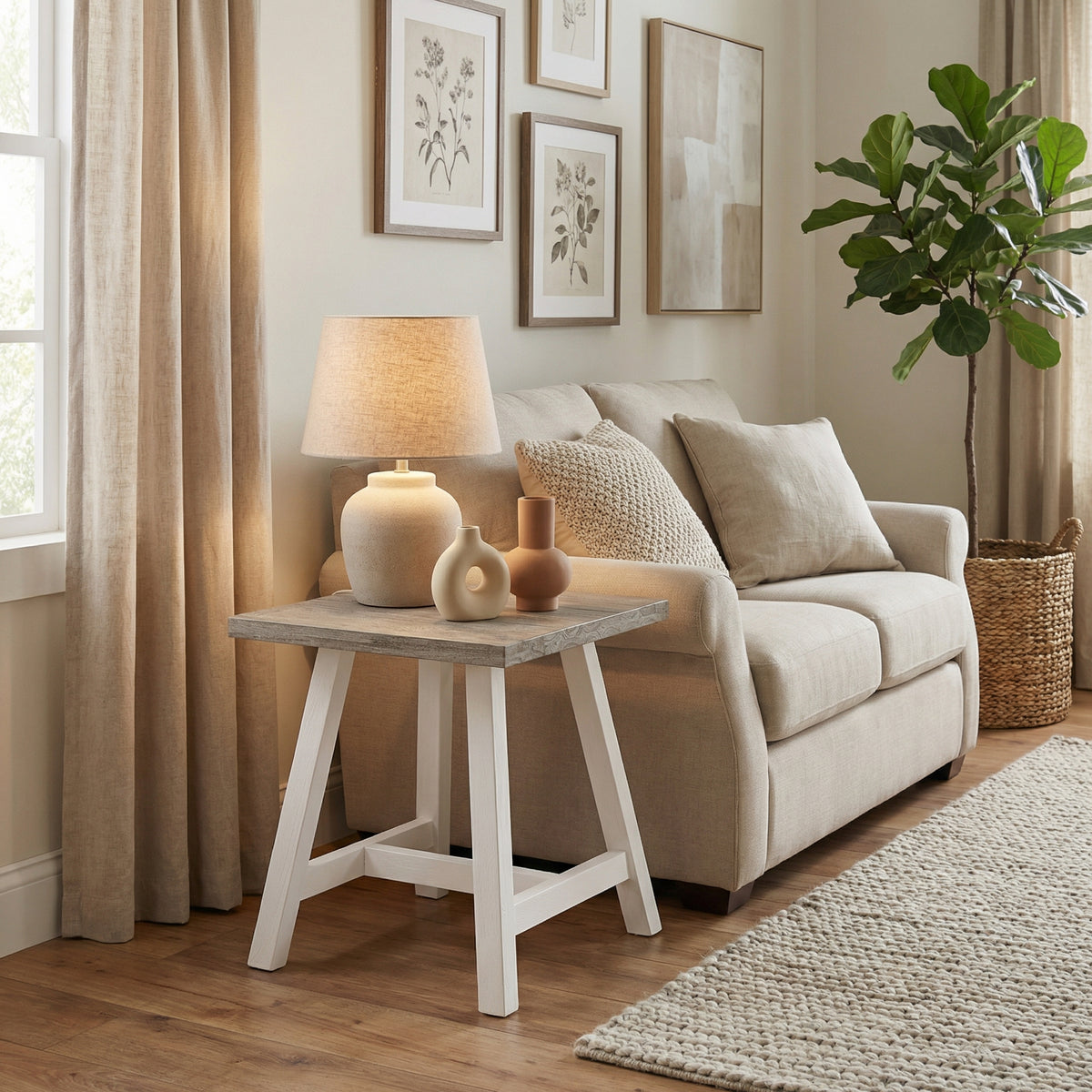 Living room with beige sofa, side table, lamp, and decorative items.

