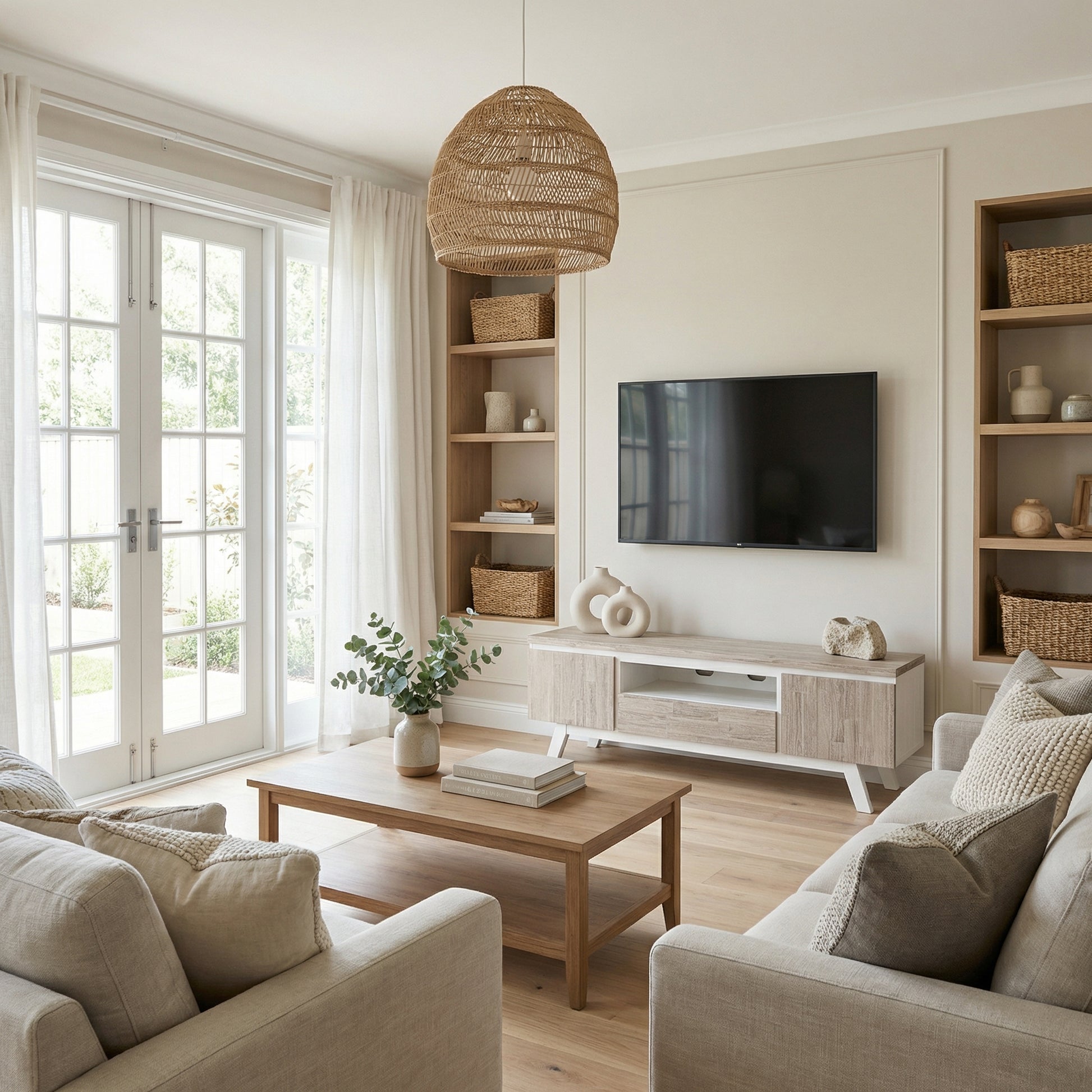 Modern living room with beige sofa, wooden coffee table, and bookshelf.

