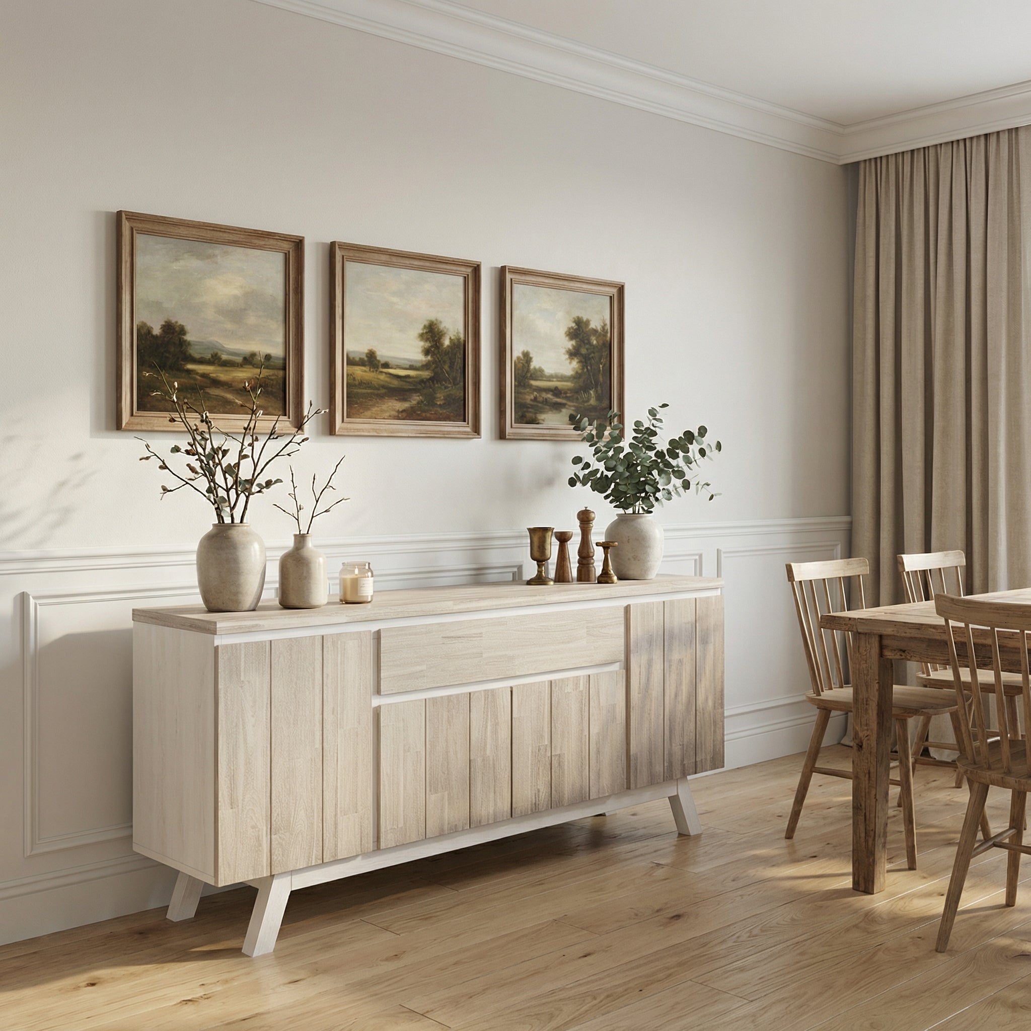 Dining room with wooden sideboard, table, chairs, and wall art.

