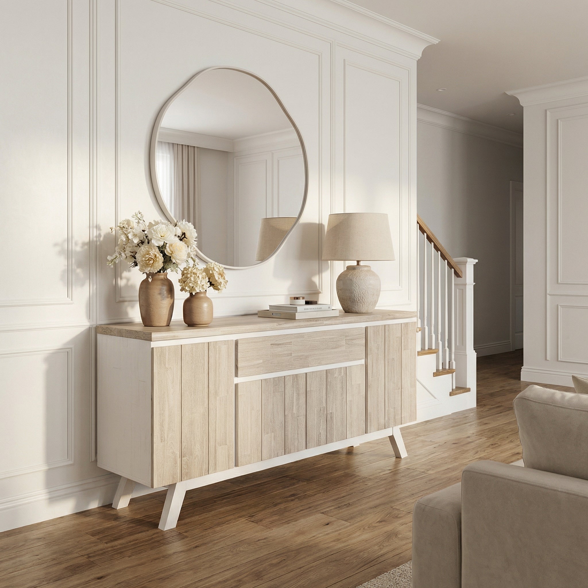 Wooden sideboard with decorative items in a living room setting


