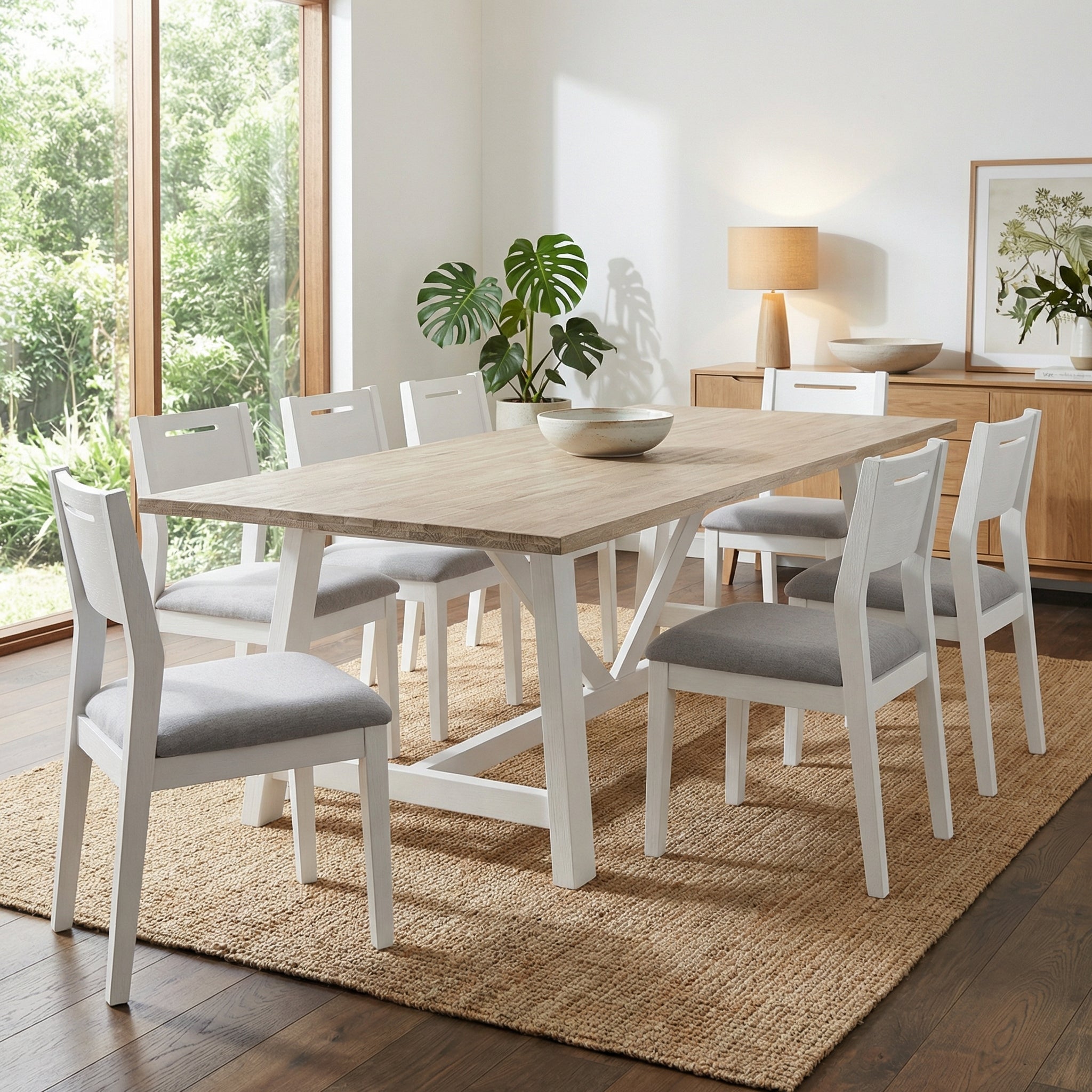 Dining room with a wooden table and white chairs on a jute rug.

