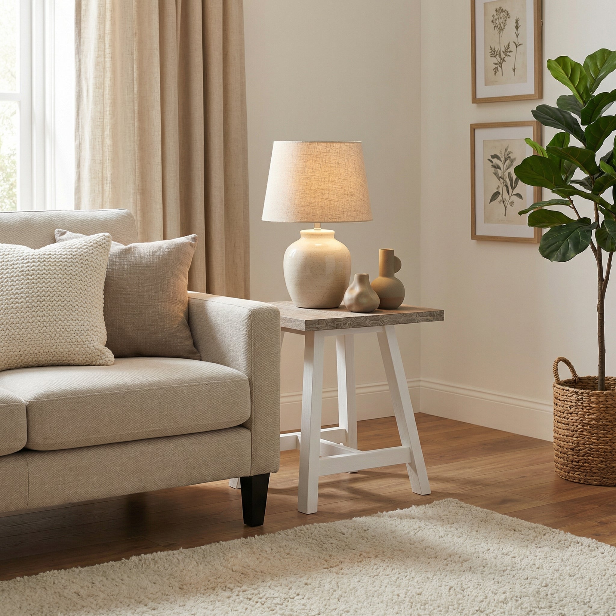 Living room with beige sofa, side table, lamp, and decorative items.

