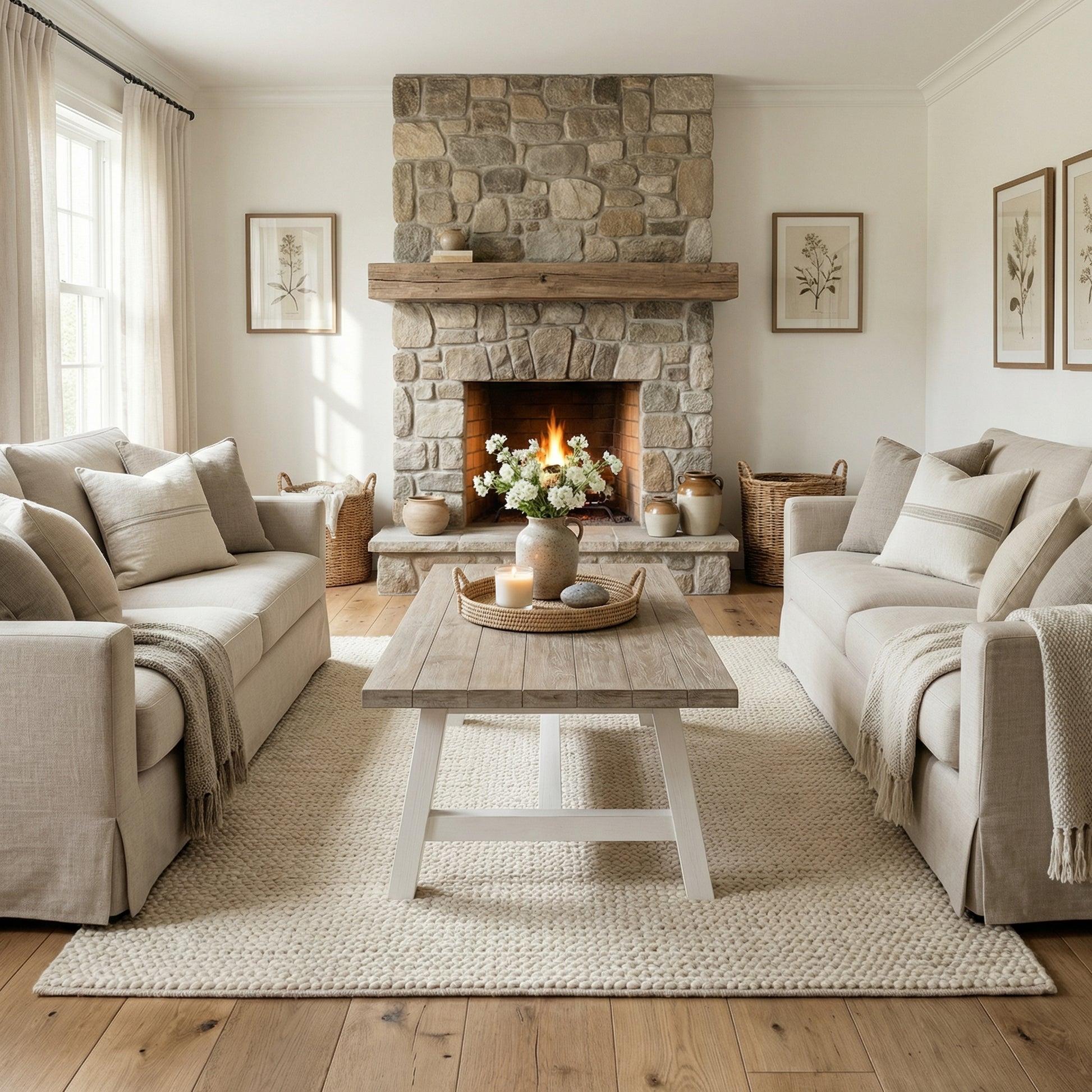 Cozy living room with stone fireplace, beige sofas, and wooden coffee table.

