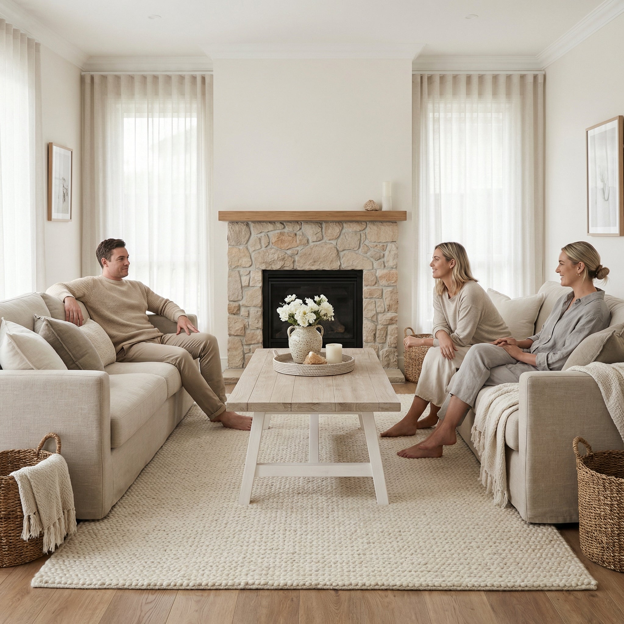 Three people sitting in a cozy living room with a fireplace.

