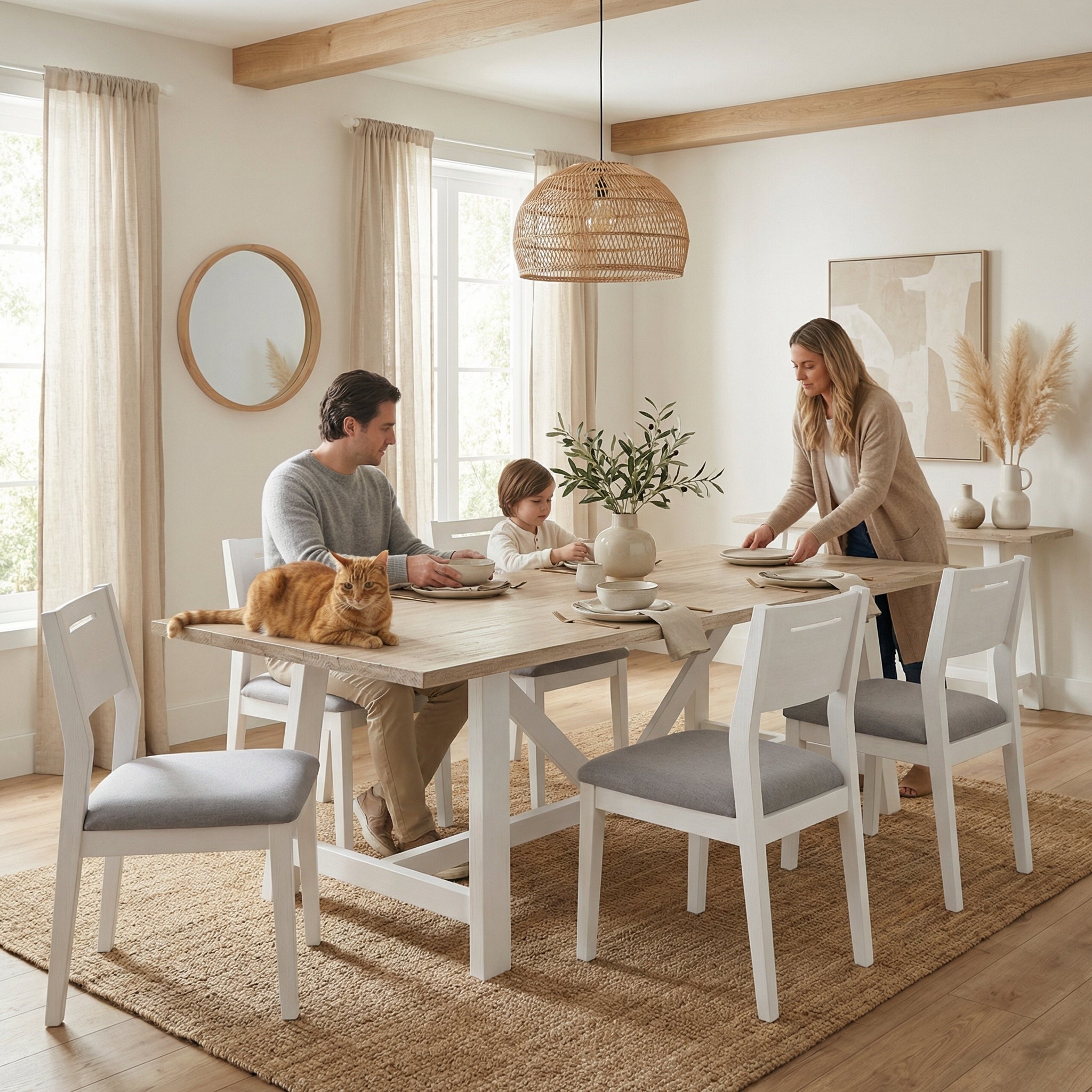 Family of three with a cat at a dining table in a bright, well-decorated room.

