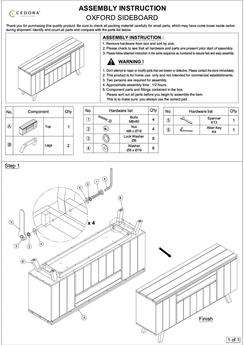 Assembly instruction for a Cedora Oxford Sideboard with diagrams and component list.

