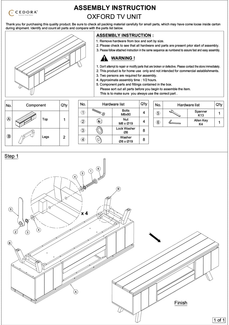 Assembly instruction sheet for an Oxford TV unit with diagrams and component list.

