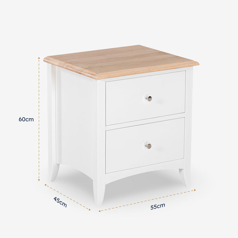 White nightstand with wooden top and dimensions labeled

