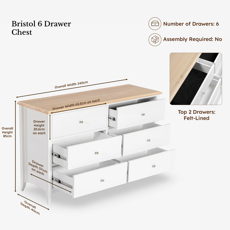Bristol Pine 6 Drawer Chest dimensions