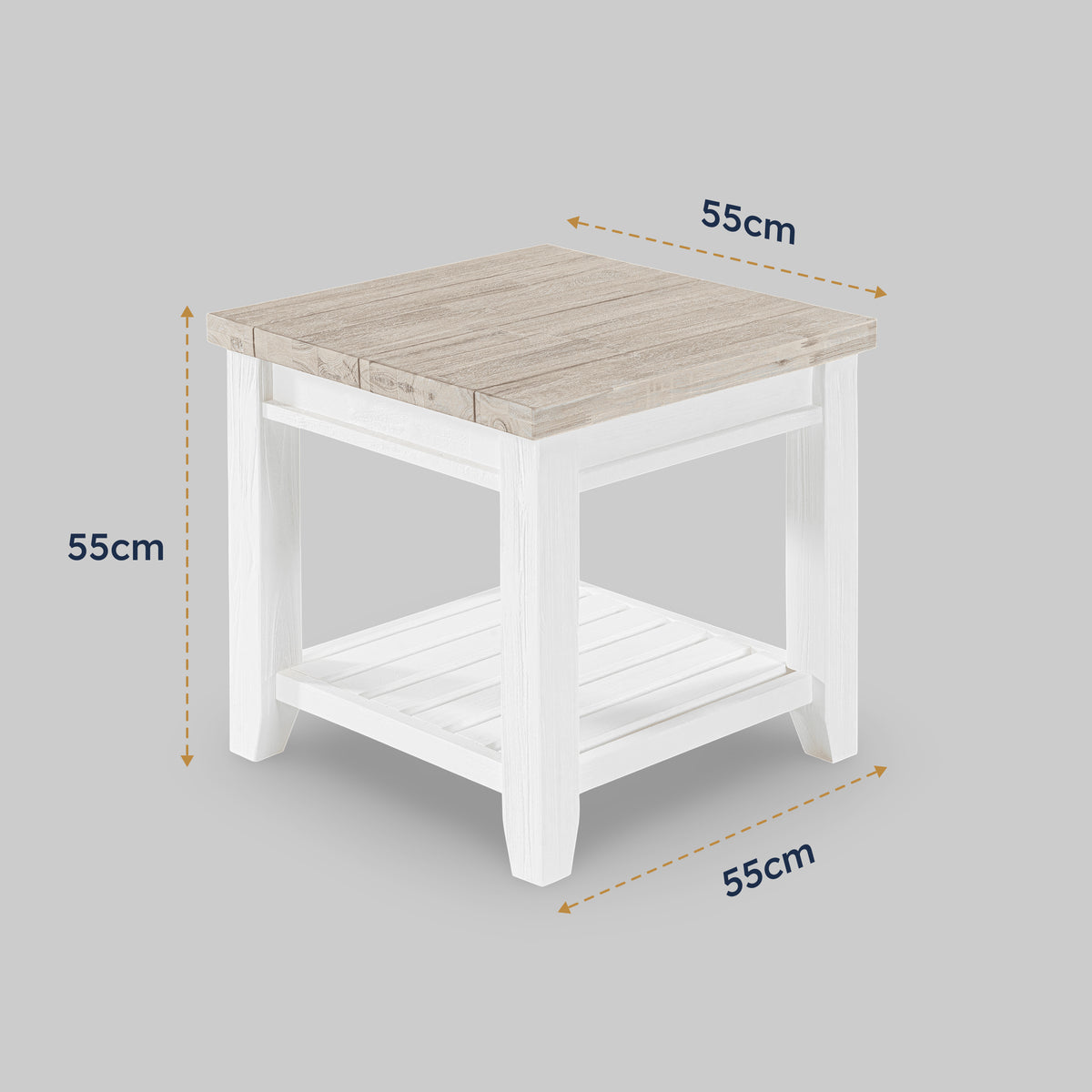 Byron Acacia End Table shown in a dimension diagram marked 55cm by 55cm by 55cm, with a slatted lower shelf
