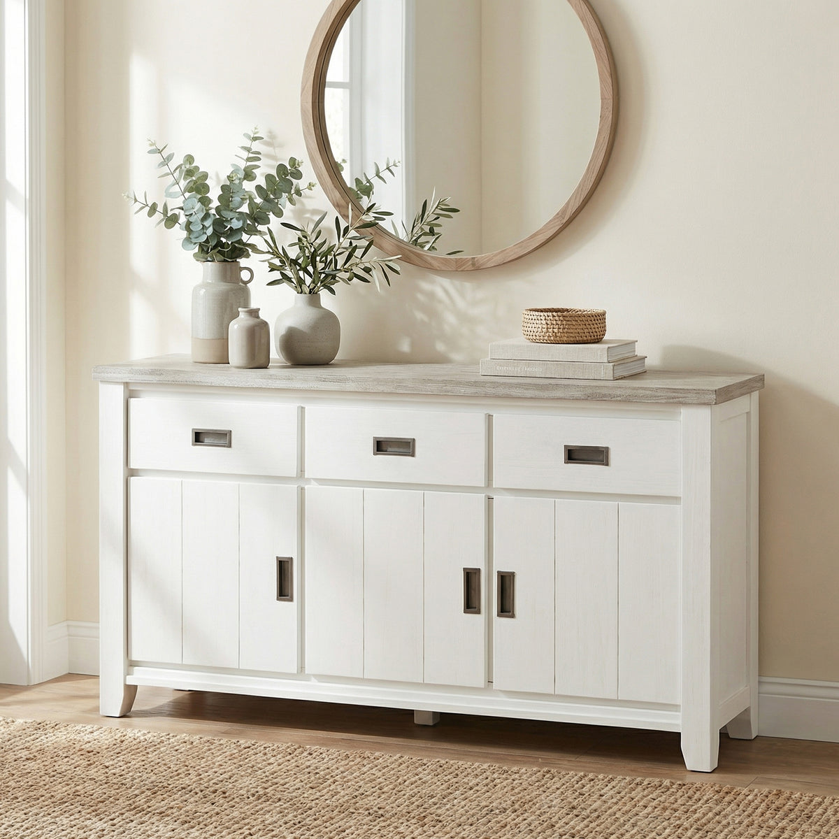 Byron Acacia 3 Door 3 Drawer Sideboard below a round timber mirror, topped with eucalyptus stems and stoneware vases