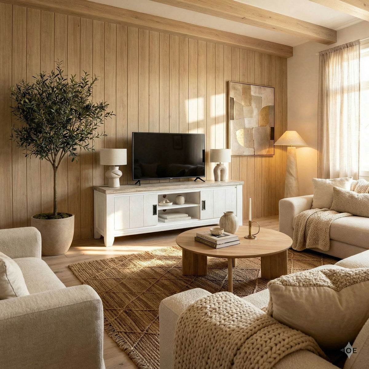 Byron Acacia 2 Door TV Unit holding a television against a timber panelled wall, beside a round coffee table