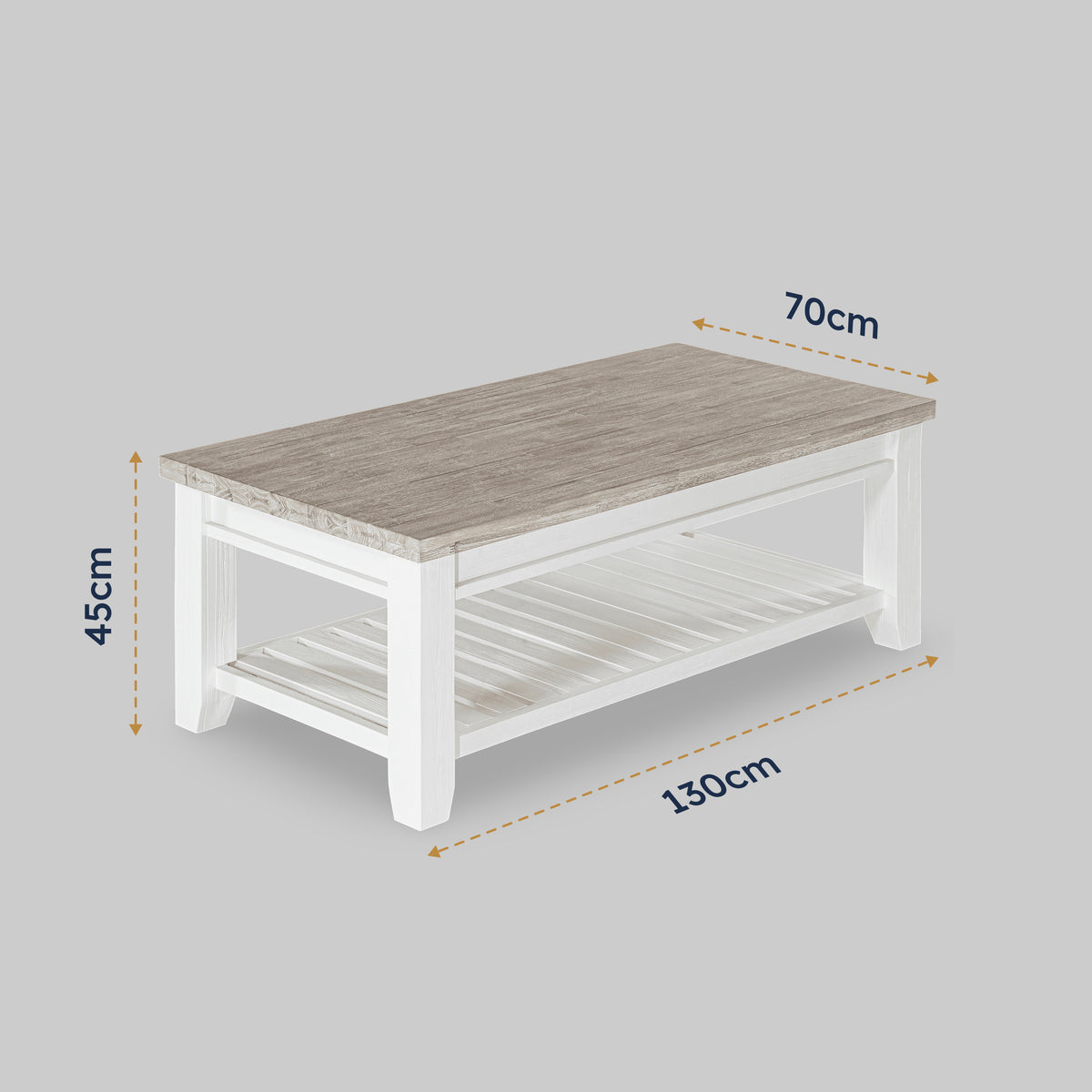 Byron Acacia Coffee Table shown in a dimension diagram marked 130cm by 70cm by 45cm, with a slatted lower shelf